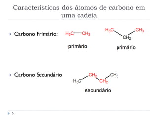 Características dos átomos de carbono em
uma cadeia
5
 Carbono Primário:
 Carbono Secundário
 