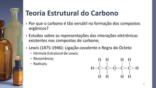 Teoria Estrutural do Carbono
› Por que o carbono é tão versátil na formação dos compostos
orgânicos?
› Estudos sobre as representações das interações eletrônicas
existentes nos compostos de carbono;
› Lewis (1875-1946): Ligação covalente e Regra do Octeto
– Fórmula Estrutural de Lewis;
– Ressonância;
– Radicais;
5
 