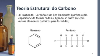 Teoria Estrutural do Carbono
› 3º Postulado: Carbono é um dos elementos químicos com
capacidade de formar cadeias, ligando-se entre si e com
outros elementos químicos para formá-las;
Benzeno Pentano
H
H
H
H
H H
H
H
H H
H
H
8
 