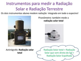 Instrumentos para medir a Radiação
         Solar e Radiação Terrestre
Os dois instrumentos abaixo medem radiação integrada em todo o espectro!
                                  Piranômetro: também mede a
                                       radiação solar total




    Actinógrafo: Radiação solar        Radiação Solar total = Radiação
               total                    Solar que vem direto do Sol +
                                          Radiação Solar Espalhada
 