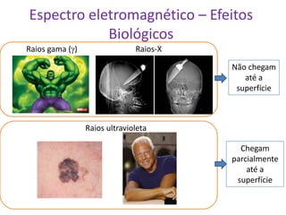 Espectro eletromagnético – Efeitos
            Biológicos
Raios gama ( )                 Raios-X

                                         Não chegam
                                            até a
                                          superfície



                 Raios ultravioleta

                                           Chegam
                                         parcialmente
                                             até a
                                          superfície
 