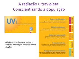 A radiação ultravioleta:
         Conscientizando a população




O índice é uma forma de facilitar o
acesso a informação, tornando-a mais
simples.
 