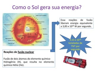 Como o Sol gera sua energia?

                                           Essa reações de fusão
                                           liberam energia equivalente
                                           a 3,83 x 1026 W por segundo.




                                                  9,15 x 1016
                                                 toneladas de
                                                   TNT por
                                                   segundo
Reações de fusão nuclear

Fusão de dois átomos do elemento químico
Hidrogênio (H), que resulta no elemento
químico Hélio (He).
 