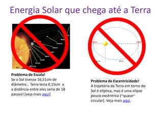Energia Solar que chega até a Terra




Problema de Escala!
Se o Sol tivesse 16,51cm de          Problema de Excentricidade!
diâmetro , Terra teria 0,15cm e      A trajetória da Terra em torno do
a distância entre eles seria de 18   Sol é elíptica, mas é uma elipse
passos! [veja mais aqui]             pouco excêntrica (~quase~
                                     circular). Veja mais aqui.
 
