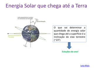 Energia Solar que chega até a Terra


                    O que vai determinar a
                    quantidade de energia solar
                    que chega até a superfície é a
                    inclinação do eixo terrestre
                    (~23°)



                           Estações do ano!




                                              Leia Mais
 