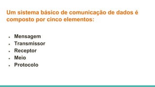Um sistema básico de comunicação de dados é
composto por cinco elementos:
● Mensagem
● Transmissor
● Receptor
● Meio
● Protocolo
 
