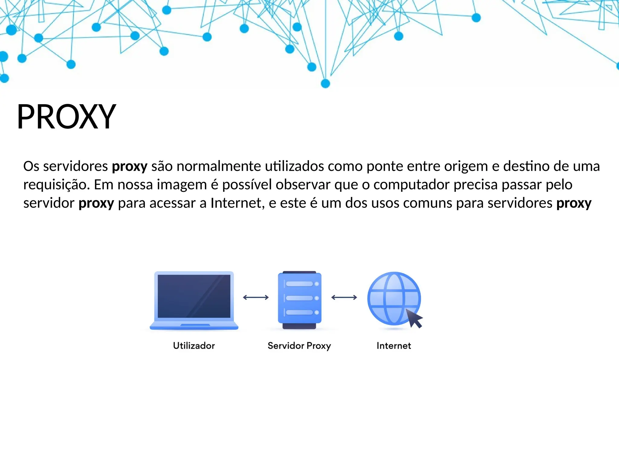 PROXY
Os servidores proxy são normalmente utilizados como ponte entre origem e destino de uma
requisição. Em nossa imagem é possível observar que o computador precisa passar pelo
servidor proxy para acessar a Internet, e este é um dos usos comuns para servidores proxy
 