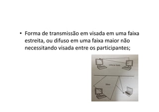 • Forma de transmissão em visada em uma faixa
estreita, ou difuso em uma faixa maior não
necessitando visada entre os participantes;
 