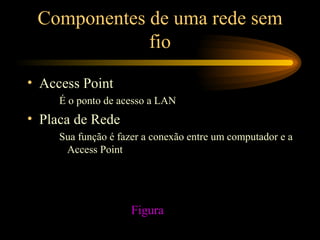 Componentes de uma rede sem
fio
• Access Point
É o ponto de acesso a LAN
• Placa de Rede
Sua função é fazer a conexão entre um computador e a
Access Point
Figura
 