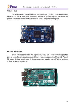 Arduino Due
Placa com maior capacidade de processamento, utiliza o microcontrolador
ARM de 32 bits e 512kB de memória. Possui 54 portas digitais, das quais 12
podem ser usadas como PWM, além disso possui 12 portas analógicas.
Arduino Mega ADK
Utiliza o microcontrolador ATMega2560, possui um conector USB específico
para a conexão com celulares que utilizam o sistema operacional Android. Possui
54 portas digitais, sendo que 15 delas podem ser usadas como PWM, e também
possui 16 portas analógicas.
32
 