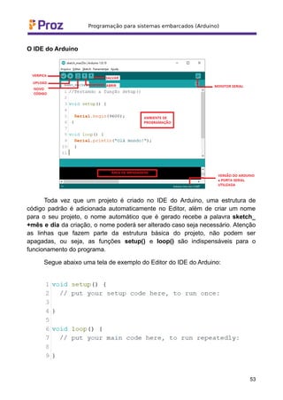 O IDE do Arduino
Toda vez que um projeto é criado no IDE do Arduino, uma estrutura de
código padrão é adicionada automaticamente no Editor, além de criar um nome
para o seu projeto, o nome automático que é gerado recebe a palavra sketch_
+mês e dia da criação, o nome poderá ser alterado caso seja necessário. Atenção
as linhas que fazem parte da estrutura básica do projeto, não podem ser
apagadas, ou seja, as funções setup() e loop() são indispensáveis para o
funcionamento do programa.
Segue abaixo uma tela de exemplo do Editor do IDE do Arduino:
53
 