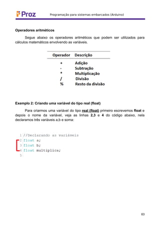 Operadores aritméticos
Segue abaixo os operadores aritméticos que podem ser utilizados para
cálculos matemáticos envolvendo as variáveis.
Exemplo 2: Criando uma variável do tipo real (float)
Para criarmos uma variável do tipo real (float) primeiro escrevemos float e
depois o nome da variável, veja as linhas 2,3 e 4 do código abaixo, nela
declaramos três variáveis a,b e soma:
63
 