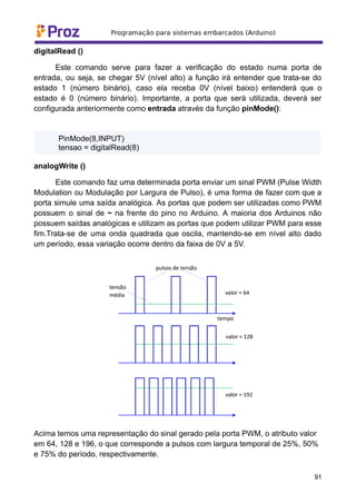 digitalRead ()
Este comando serve para fazer a verificação do estado numa porta de
entrada, ou seja, se chegar 5V (nível alto) a função irá entender que trata-se do
estado 1 (número binário), caso ela receba 0V (nível baixo) entenderá que o
estado é 0 (número binário). Importante, a porta que será utilizada, deverá ser
configurada anteriormente como entrada através da função pinMode():
PinMode(8,INPUT)
tensao = digitalRead(8)
analogWrite ()
Este comando faz uma determinada porta enviar um sinal PWM (Pulse Width
Modulation ou Modulação por Largura de Pulso), é uma forma de fazer com que a
porta simule uma saída analógica. As portas que podem ser utilizadas como PWM
possuem o sinal de ~ na frente do pino no Arduino. A maioria dos Arduinos não
possuem saídas analógicas e utilizam as portas que podem utilizar PWM para esse
fim.Trata-se de uma onda quadrada que oscila, mantendo-se em nível alto dado
um período, essa variação ocorre dentro da faixa de 0V a 5V.
Acima temos uma representação do sinal gerado pela porta PWM, o atributo valor
em 64, 128 e 196, o que corresponde a pulsos com largura temporal de 25%, 50%
e 75% do período, respectivamente.
91
 