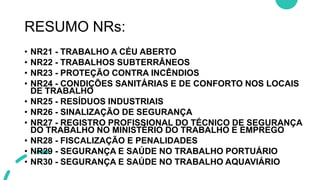 RESUMO NRs:
• NR21 - TRABALHO A CÉU ABERTO
• NR22 - TRABALHOS SUBTERRÂNEOS
• NR23 - PROTEÇÃO CONTRA INCÊNDIOS
• NR24 - CONDIÇÕES SANITÁRIAS E DE CONFORTO NOS LOCAIS
DE TRABALHO
• NR25 - RESÍDUOS INDUSTRIAIS
• NR26 - SINALIZAÇÃO DE SEGURANÇA
• NR27 - REGISTRO PROFISSIONAL DO TÉCNICO DE SEGURANÇA
DO TRABALHO NO MINISTÉRIO DO TRABALHO E EMPREGO
• NR28 - FISCALIZAÇÃO E PENALIDADES
• NR29 - SEGURANÇA E SAÚDE NO TRABALHO PORTUÁRIO
• NR30 - SEGURANÇA E SAÚDE NO TRABALHO AQUAVIÁRIO
 