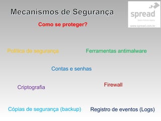 Como se proteger?
Política de segurança
Contas e senhas
Criptografia
Cópias de segurança (backup) Registro de eventos (Logs)
Ferramentas antimalware
Firewall
 