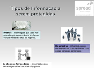 Internas – informações que você não
gostaria que a concorrência soubesse
ou que impacte a área de negócio.
De clientes e fornecedores – informações que
eles não gostariam que você divulgasse.
De parceiros – informações que
necessitam ser compartilhadas com
outros parceiros comerciais.
 
