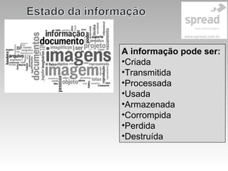 A informação pode ser:
•Criada
•Transmitida
•Processada
•Usada
•Armazenada
•Corrompida
•Perdida
•Destruída
 