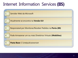Internet Information Services (IIS)

 1   Servidor Web da Microsoft


 2   Atualmente se encontra na Versão 8.0


 3   Responsável por Monitorar/Receber Pedidos na Porta (80)


 4   Pode Armazenar um ou mais Diretórios Virtuais (WebSites)


 5   Pasta Base: C:inetpubwwwroot




                                                                20
 