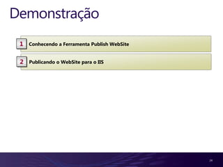 Demonstração
 1   Conhecendo a Ferramenta Publish WebSite


 2   Publicando o WebSite para o IIS




                                               24
 