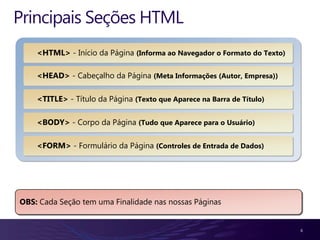 Principais Seções HTML
    <HTML> - Início da Página (Informa ao Navegador o Formato do Texto)

    <HEAD> - Cabeçalho da Página (Meta Informações (Autor, Empresa))

    <TITLE> - Título da Página (Texto que Aparece na Barra de Título)

    <BODY> - Corpo da Página (Tudo que Aparece para o Usuário)

    <FORM> - Formulário da Página (Controles de Entrada de Dados)




OBS: Cada Seção tem uma Finalidade nas nossas Páginas


                                                                          6
 