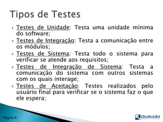 Testes de Unidade: Testa uma unidade mínima do software;Testes de Integração: Testa a comunicação entre os módulos;Testes de Sistema: Testa todo o sistema para verificar se atende aos requisitos;Testes de Integração de Sistema: Testa a comunicação do sistema com outros sistemas com os quais interage;Testes de Aceitação: Testes realizados pelo usuário final para verificar se o sistema faz o que ele espera;Tipos de TestesPágina 8