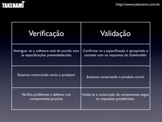 http://www.takenami.com.br




         Veriﬁcação                                     Validação
Averiguar se o software está de acordo com   Conﬁrmar se a especiﬁcação é apropriado e
     as especiﬁcações preestabelecidas       consiste com os requisitos do Stakeholder




  Estamos construindo certo o produto?
                                               Estamos construindo o produto certo?



     Veriﬁca problemas e defeitos nos        Avalia se a construção do componente segue
          componentes prontos                          os requisitos predeﬁnidos.
 