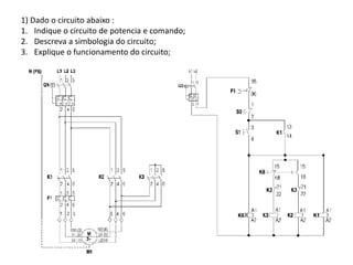 1) Dado o circuito abaixo :
1. Indique o circuito de potencia e comando;
2. Descreva a simbologia do circuito;
3. Explique o funcionamento do circuito;
 