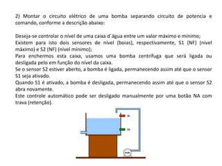 2) Montar o circuito elétrico de uma bomba separando circuito de potencia e
comando, conforme a descrição abaixo:
Deseja-se controlar o nível de uma caixa d´água entre um valor máximo e mínimo;
Existem para isto dois sensores de nível (boias), respectivamente, S1 (NF) (nível
máximo) e S2 (NF) (nível mínimo);
Para enchermos esta caixa, usamos uma bomba centrífuga que será ligada ou
desligada pelo em função do nível da caixa.
Se o sensor S2 estiver aberto, a bomba é ligada, permanecendo assim até que o sensor
S1 seja ativado.
Quando S1 é ativado, a bomba é desligada, permanecendo assim até que o sensor S2
abra novamente.
Este controle automático pode ser desligado manualmente por uma botão NA com
trava (retenção).
 