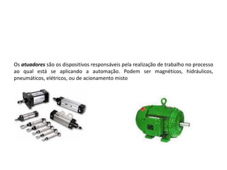 Os atuadores são os dispositivos responsáveis pela realização de trabalho no processo
ao qual está se aplicando a automação. Podem ser magnéticos, hidráulicos,
pneumáticos, elétricos, ou de acionamento misto
 
