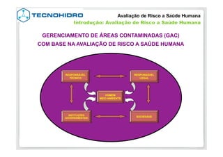 HOMEM
MEIO AMBIENTE
RESPONSÁVEL
TÉCNICO
RESPONSÁVEL
LEGAL
INSTITUÇÕES
GOVERNAMENTAIS SOCIEDADE
GERENCIAMENTO DE ÁREAS CONTAMINADAS (GAC)
COM BASE NA AVALIAÇÃO DE RISCO A SAÚDE HUMANA
Avaliação de Risco a Saúde Humana
Introdução: Avaliação de Risco a Saúde Humana
 