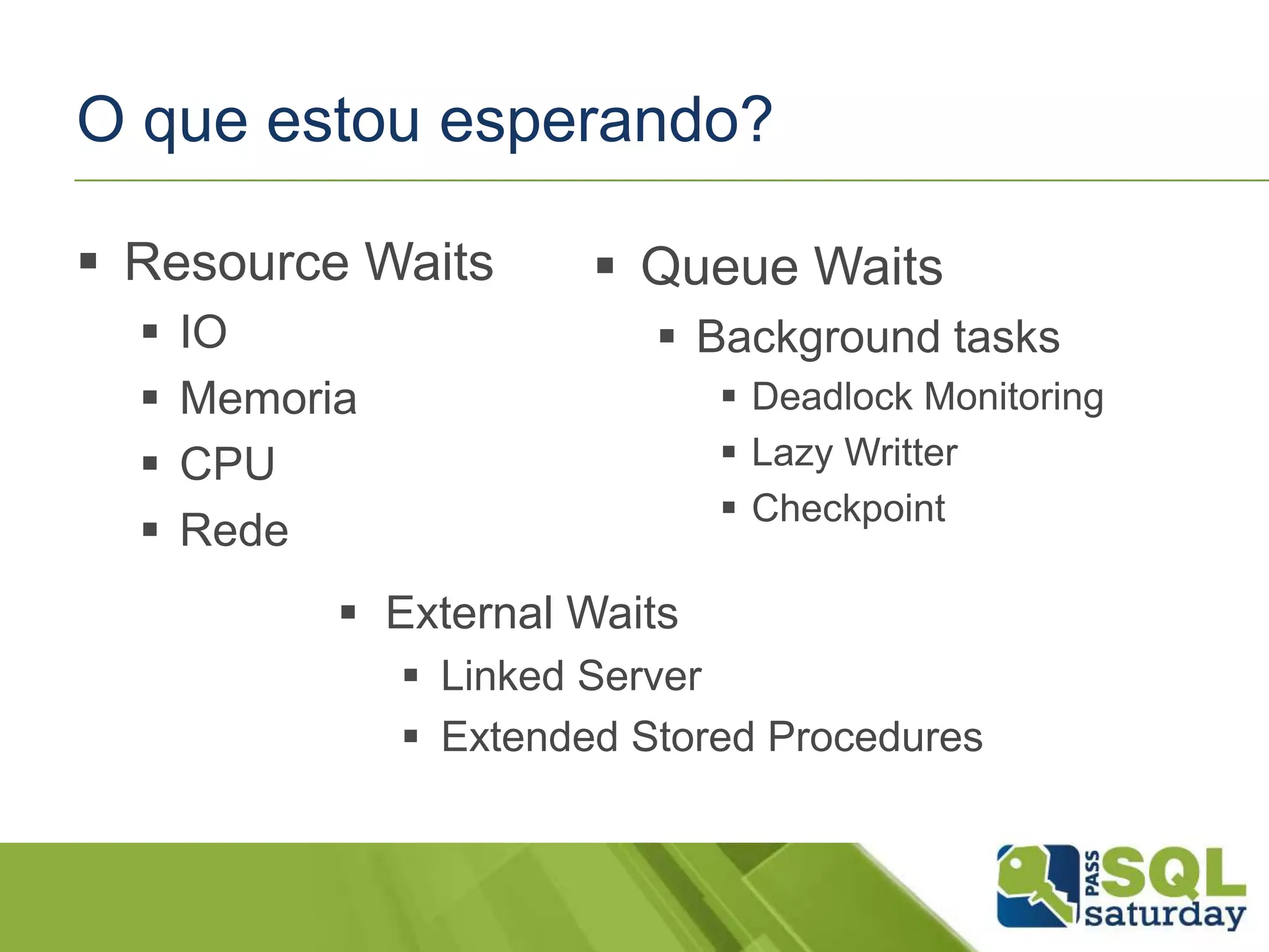 O que estou esperando?
 Resource Waits
 IO
 Memoria
 CPU
 Rede
 Queue Waits
 Background tasks
 Deadlock Monitoring
 Lazy Writter
 Checkpoint
 External Waits
 Linked Server
 Extended Stored Procedures
 
