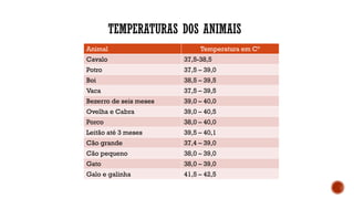 TEMPERATURAS DOS ANIMAIS
Animal Temperatura em C°
Cavalo 37,5-38,5
Potro 37,5 – 39,0
Boi 38,5 – 39,5
Vaca 37,5 – 39,5
Bezerro de seis meses 39,0 – 40,0
Ovelha e Cabra 39,0 – 40,5
Porco 38,0 – 40,0
Leitão até 3 meses 39,5 – 40,1
Cão grande 37,4 – 39,0
Cão pequeno 38,0 – 39,0
Gato 38,0 – 39,0
Galo e galinha 41,5 – 42,5
 
