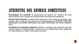 ATRIBUTOS DOS ANIMAIS DOMÉSTICOS
 Fecundidade em Cativeiro: A perpetuação da espécie em cativeiro tem sido
ponto decisivo para condicionar a perpetuação das espécies domésticas.
 Função Especializada: O animal deve apresentar uma função de interesse pelo
homem, sem o qual não há motivo de sua domesticação (A FUNÇÃO PODE SER
PRODUÇÃO DE CARNE, PRODUÇÃO DE LEITE, PRODUÇÃO DE OVOS, TRAÇÃO,
ETC.)
 Facilidade de adaptação ambiental: Devido às mudanças de ambientes, que são
comuns durante a domesticação, o animal que tem dificuldades nesta adaptação
tem dificuldades de atingir o final deste processo.
 