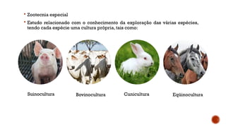  Zootecnia especial
 Estudo relacionado com o conhecimento da exploração das várias espécies,
tendo cada espécie uma cultura própria, tais como:
Suinocultura Bovinocultura Cunicultura Eqüinocultura
 