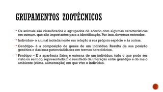 GRUPAMENTOS ZOOTÉCNICOS
 Os animais são classificados e agrupados de acordo com algumas características
em comum, que são importantes para a identificação. Por isso, devemos entender:
 Individuo- o animal isoladamente em relação à sua própria espécie e às outras.
 Genótipo- é a composição de genes de um indivíduo. Resulta de sua posição
genética e das suas potencialidades em termos hereditários.
 Fenótipo – É a aparência física e externa de um indivíduo; tudo o que pode ser
visto ou sentido, representado. É o resultado da interação entre genótipo e do meio
ambiente (clima, alimentação) em que vive o indivíduo.
 