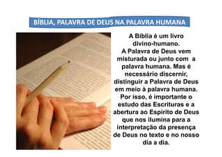 BÍBLIA, PALAVRA DE DEUS NA PALAVRA HUMANA
A Bíblia é um livro
divino-humano.
A Palavra de Deus vem
misturada ou junto com a
palavra humana. Mas é
necessário discernir,
distinguir a Palavra de Deusdistinguir a Palavra de Deus
em meio à palavra humana.
Por isso, é importante o
estudo das Escrituras e a
abertura ao Espírito de Deus
que nos ilumina para a
interpretação da presença
de Deus no texto e no nosso
dia a dia.
 