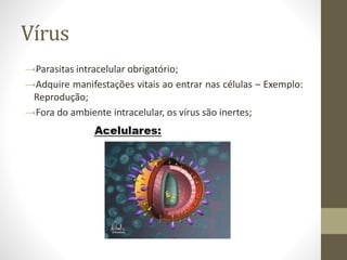 Vírus
→Parasitas intracelular obrigatório;
→Adquire manifestações vitais ao entrar nas células – Exemplo:
Reprodução;
→Fora do ambiente intracelular, os vírus são inertes;
 