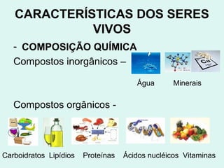 CARACTERÍSTICAS DOS SERES
             VIVOS
   - COMPOSIÇÃO QUÍMICA
   Compostos inorgânicos –

                                       Água       Minerais


   Compostos orgânicos -




Carboidratos Lipídios   Proteínas   Ácidos nucléicos Vitaminas
 