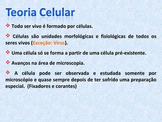  Todo ser vivo é formado por células.
 Células são unidades morfológicas e fisiológicas de todos os
seres vivos (Exceção: Vírus).
 Uma célula só se forma a partir de uma célula pré-existente.
 Avanços na área de microscopia.
 A célula pode ser observada e estudada somente por
microscópio e quase sempre depois de ter sofrido uma preparação
especial. (Fixadores e corantes)
 