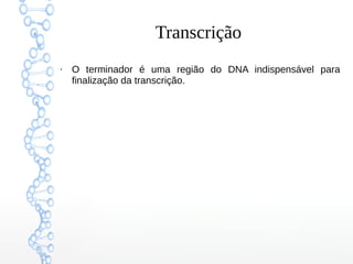 Transcrição
●
O terminador é uma região do DNA indispensável para
finalização da transcrição.
 