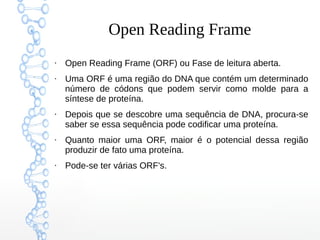 Open Reading Frame
●
Open Reading Frame (ORF) ou Fase de leitura aberta.
●
Uma ORF é uma região do DNA que contém um determinado
número de códons que podem servir como molde para a
síntese de proteína.
●
Depois que se descobre uma sequência de DNA, procura-se
saber se essa sequência pode codificar uma proteína.
●
Quanto maior uma ORF, maior é o potencial dessa região
produzir de fato uma proteína.
●
Pode-se ter várias ORF's.
 