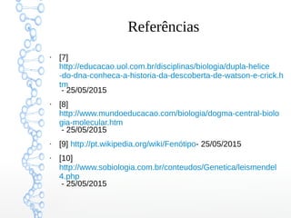 Referências
●
[7]
http://educacao.uol.com.br/disciplinas/biologia/dupla-helice
-do-dna-conheca-a-historia-da-descoberta-de-watson-e-crick.h
tm
- 25/05/2015
●
[8]
http://www.mundoeducacao.com/biologia/dogma-central-biolo
gia-molecular.htm
- 25/05/2015
●
[9] http://pt.wikipedia.org/wiki/Fenótipo- 25/05/2015
●
[10]
http://www.sobiologia.com.br/conteudos/Genetica/leismendel
4.php
- 25/05/2015
 