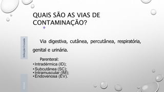 QUAIS SÃO AS VIAS DE
CONTAMINAÇÃO?
Introd
Infecção
Cruzada
Via digestiva, cutânea, percutânea, respiratória,
genital e urinária.
Parenteral:
•Intradérmica (ID);
•Subcutânea (SC);
•Intramuscular (IM);
•Endovenosa (EV).
 