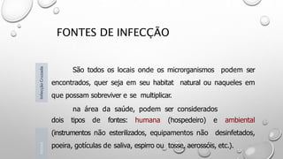 FONTES DE INFECÇÃO
São todos os locais onde os microrganismos podem ser
encontrados, quer seja em seu habitat natural ou naqueles em
que possam sobreviver e se multiplicar.
na área da saúde, podem ser considerados
dois tipos de fontes: humana (hospedeiro) e ambiental
(instrumentos não esterilizados, equipamentos não desinfetados,
poeira, gotículas de saliva, espirro ou tosse, aerossóis, etc.).
Introd
Infecção
Cruzada
 