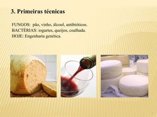 4
3. Primeiras técnicas
FUNGOS: pão, vinho, álcool, antibióticos.
BACTÉRIAS: iogurtes, queijos, coalhada.
HOJE: Engenharia genética.
 