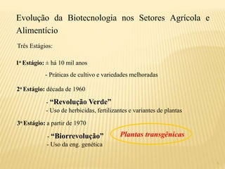 6
Evolução da Biotecnologia nos Setores Agrícola e
Alimentício
Três Estágios:
1o Estágio: ± há 10 mil anos
- Práticas de cultivo e variedades melhoradas
2o Estágio: década de 1960
- “Revolução Verde”
- Uso de herbicidas, fertilizantes e variantes de plantas
3o Estágio: a partir de 1970
- “Biorrevolução”
- Uso da eng. genética
Plantas transgênicas
 