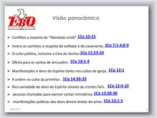 20/4/2014 8
1Co 10-23 Conflitos a respeito da “liberdade cristã”.
Visão panorâmica
1Co 7:1-4,8-9 Instrui os coríntios a respeito do celibato e do casamento.
1Co 11:23-24 O culto público, inclusive a Ceia do Senhor.
1Co 16:1-4 Oferta para os santos de Jerusalém.
1Co 12:1 Manifestações e dons do Espírito Santo nos cultos da igreja.
1Co 14:26-33 A ordem no culto da primitiva .
1Co 12:4-10 Rica variedade de dons do Espírito através de crentes fiéis.
1Co 12:28-30 pessoas chamadas para exercer certos ministérios.
1Co 13:1-3 manifestações públicas dos dons devem brotar do amor.
 