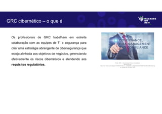 Os profissionais de GRC trabalham em estreita
colaboração com as equipes de TI e segurança para
criar uma estratégia abrangente de cibersegurança que
esteja alinhada aos objetivos de negócios, gerenciando
efetivamente os riscos cibernéticos e atendendo aos
requisitos regulatórios.
GRC cibernético – o que é
Fonte: GRC – Governança Risco e Compliance.
Disponível em:
https://as1.ftcdn.net/v2/jpg/01/33/86/84/1000_F_133868469_sK9gZItXOADD4kSBT9L0BhmhBhHtsihb.jp
g. Acesso em 30 Maio. 2023
 
