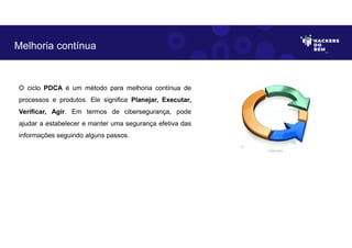O ciclo PDCA é um método para melhoria contínua de
processos e produtos. Ele significa Planejar, Executar,
Verificar, Agir. Em termos de cibersegurança, pode
ajudar a estabelecer e manter uma segurança efetiva das
informações seguindo alguns passos.
Melhoria contínua
Fonte: Autor.
 