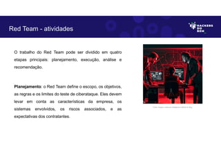 O trabalho do Red Team pode ser dividido em quatro
etapas principais: planejamento, execução, análise e
recomendação.
Planejamento: o Red Team define o escopo, os objetivos,
as regras e os limites do teste de ciberataque. Eles devem
levar em conta as características da empresa, os
sistemas envolvidos, os riscos associados, e as
expectativas dos contratantes.
Red Team - atividades
Fonte: Imagem criada por Inteligência Artificial no Bing.
 